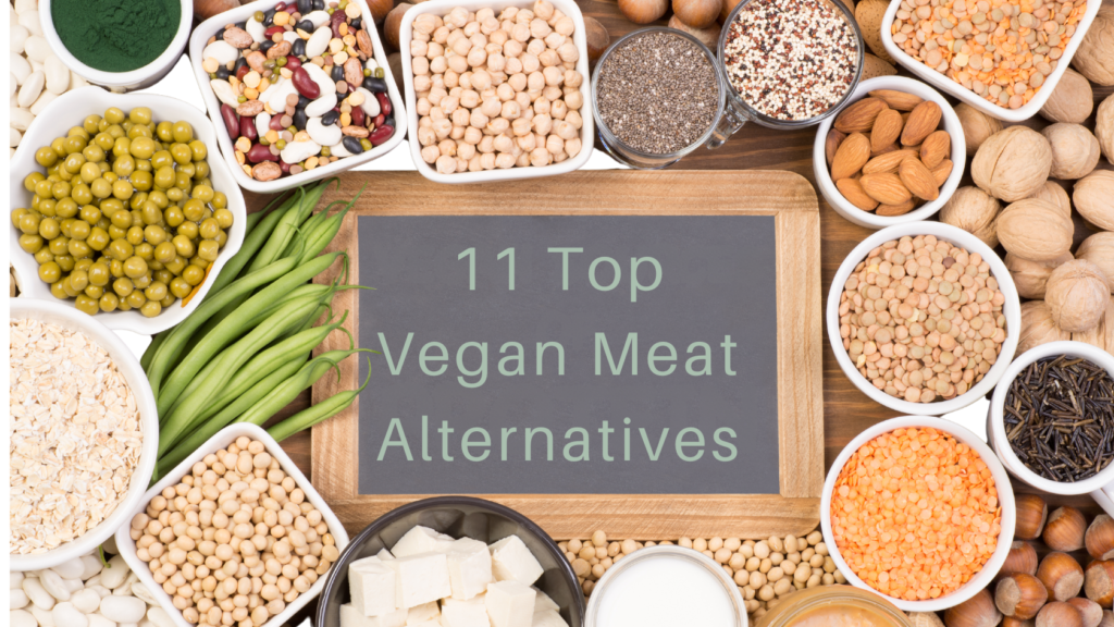 "11 Top Vegan Meat Alternatives"- surrounded by bowls of plant based protein sources.