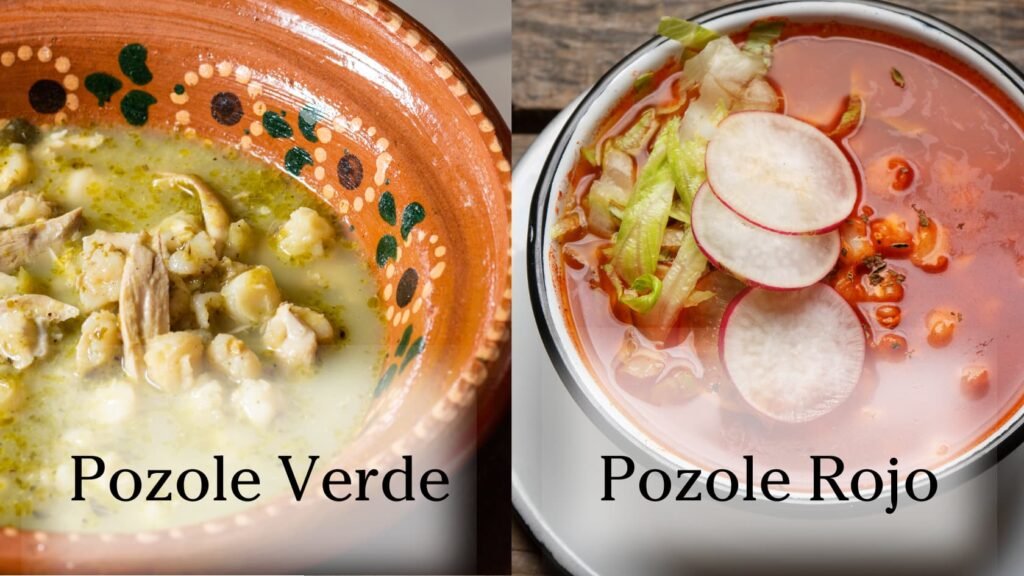 pozole verde vs pozole rojo with bowls of each