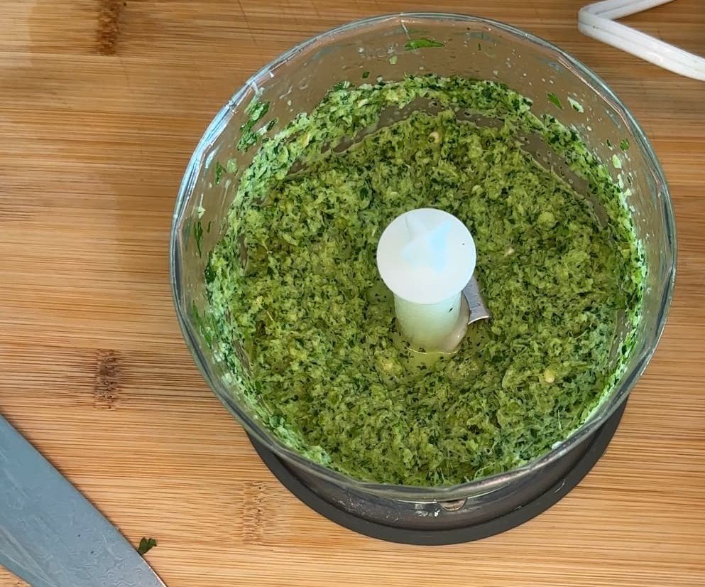 Blended curry base in a food processor 