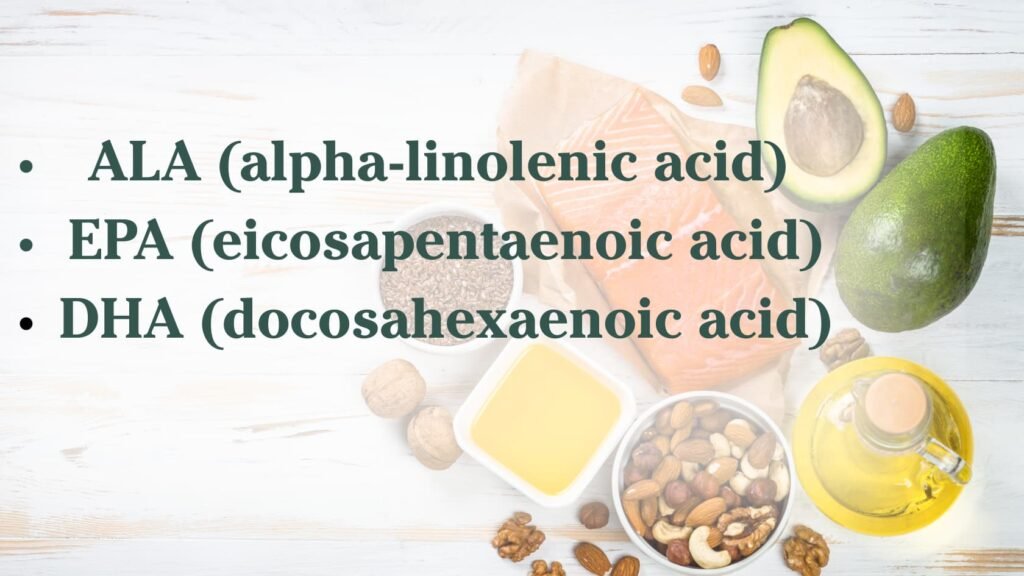 "-ALA (alpha-linolenic acid)
-EPA (eicosapentaenoic acid)
-DHA (docosahexaenoic acid)"
background of salmon, nuts, olive oil, avocado, and ground flax seeds