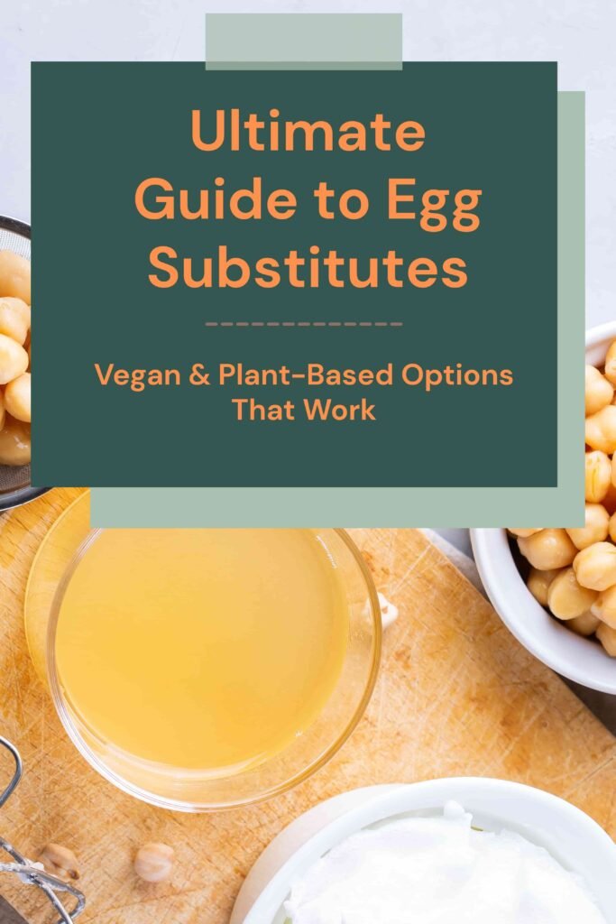 "ultimate guide to egg substitutes: vegan & plant-based options that work" background photo of chickpeas, aquafaba, and whipped aquafaba