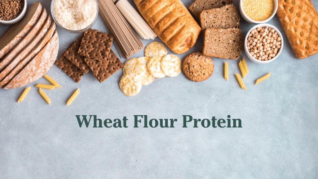 "wheat flour protein" with a background of breads, pastas, rices, rakcers and grains.