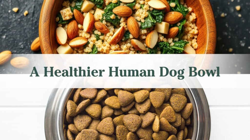 "a healthier human dog bowl" below the text their is an image of a dog bowl full of kibble and above the text their is a bowl of food with almonds, greens, and quinoa