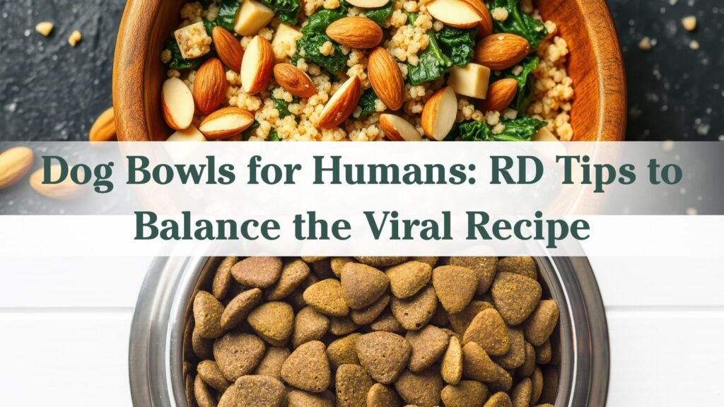 "Dog Bowls for Humans: RD tips to balance the viral recipe" below the text their is an image of a dog bowl full of kibble and above the text their is a bowl of food with almonds, greens, and quinoa